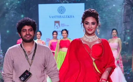 Seerat Kapoor Steals The Show In A Red Ghagra Choli With Parat Printed Designs As The Showstopper For Vashtralekha At Hyderabad Times Fashion Week